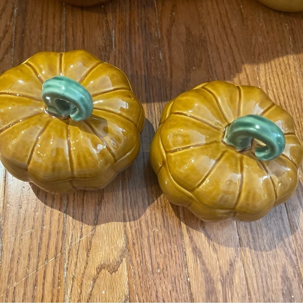 Pair Of Williams Sonoma Thanksgiving Halloween Autumn Pumpkin Covered Soup Bowls